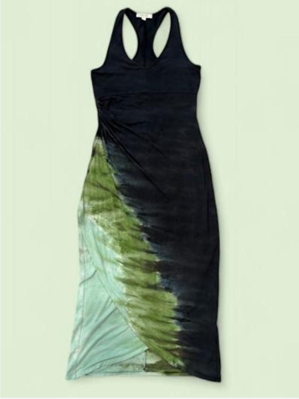 River + Sky Black Green Tie Dye Ruched T Back Maxi Dress M Made in USA $178